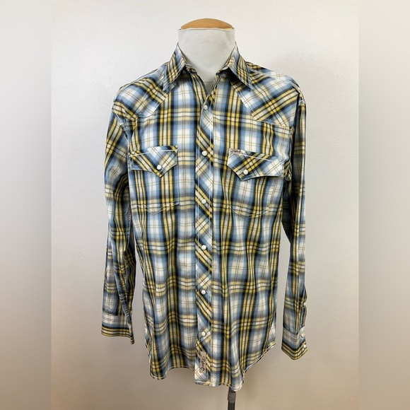 RAFTER C Cowboy Collection Western Shirt Men’s L Blue Yellow Plaid Pearl Snap - Picture 1 of 8